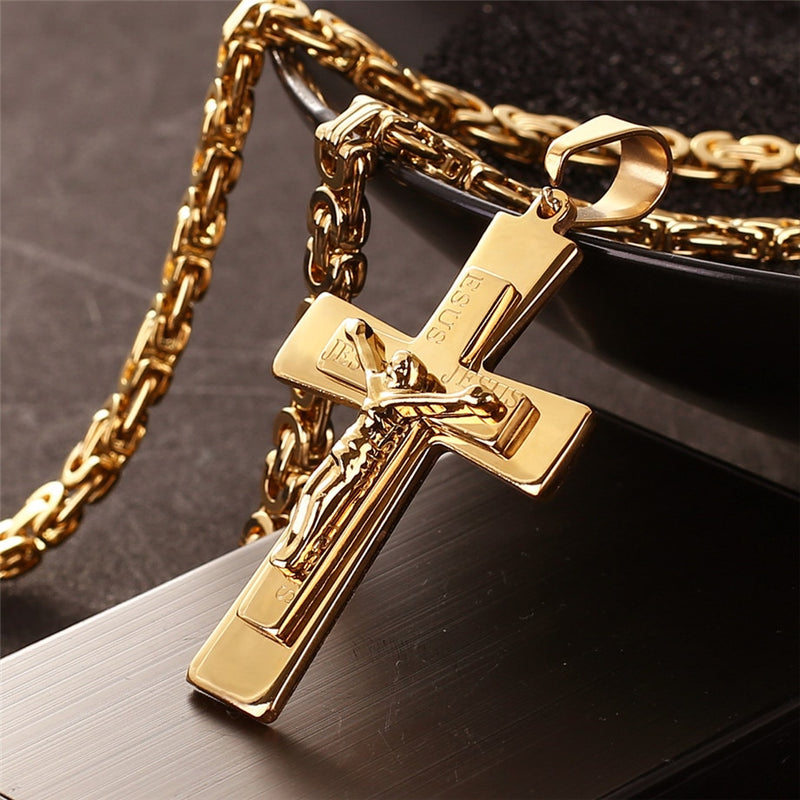 Corrente e Crucifixo Jesus Bizantino Banhado a Ouro