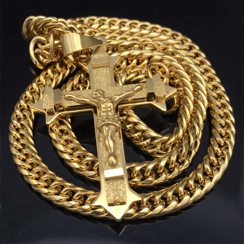 corrente e crucifixo poderoso banhado a ouro jesus